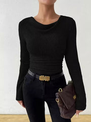 Cowl Neck Ribbed Long-Sleeve Sweater