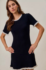 SO ME Contrast Ruffled Sweater Knit Mini Dress