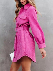 Button-Front Belt Long-Sleeve Corduroy Dress