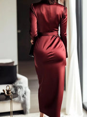 Satin Wrap Long-Sleeve Midi Dress