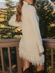 Fringe Turtleneck Long-Sleeve Sweater Dress