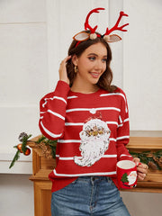 Sequin Santa Striped Round-Neck Long-Sleeve Sweater