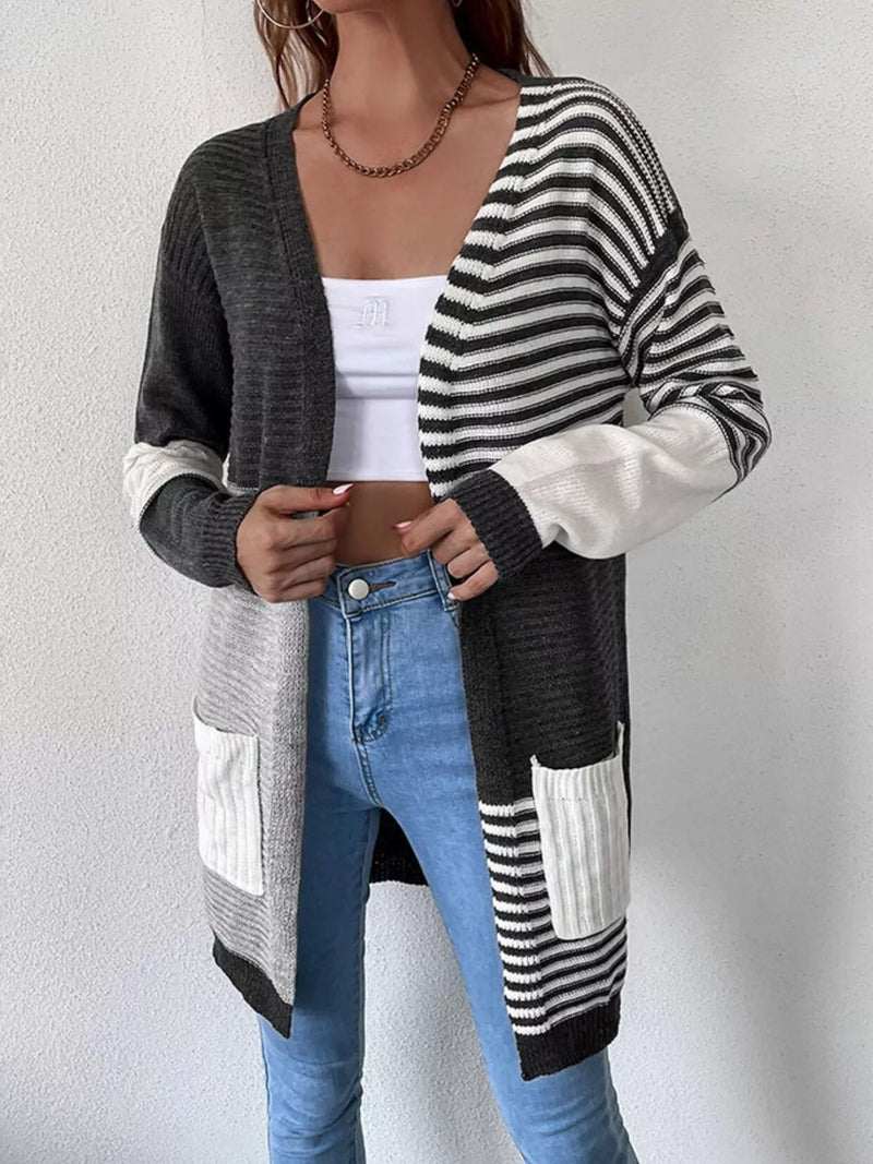 Striped Color-Block Open-Front Cardigan