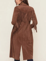 Fringe Lapel Collar Long-Sleeve Coat