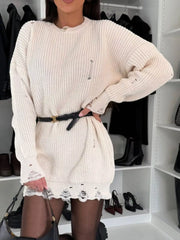 Distressed Round-Neck Drop-Shoulder Sweater Dress
