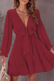 Tie-Front Ruffle Mini Dress with Smocked Wiast