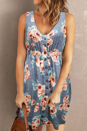 Double Take Printed Sleeveless Front Button Ruched Waist Side Slit Casual Magic Dress with Pockets