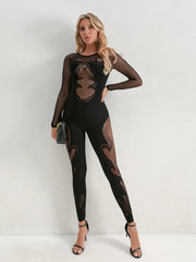 Fishing Net Sheer Long-Sleeve Jumpsuit