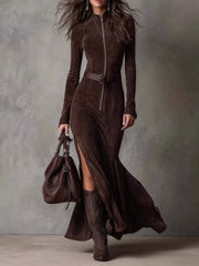 Zipper Front Long-Sleeve Slit Maxi Dress - Plus Size