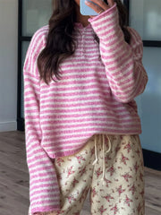 Button Detail Drop-Shoulder Striped Sweater