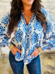 Printed Tie Split Neck Button-Front Puff Sleeve Shirt