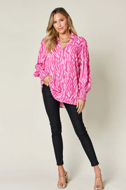 Printed Smocked Long-Sleeve Blouse - Plus Size