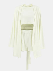 Waffle-Knit Round-Neck Tee, Open-Front Cardigan and Shorts Set