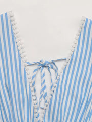 Striped Pom-Pom Trim Tie-Front Sleeveless Mini Dress