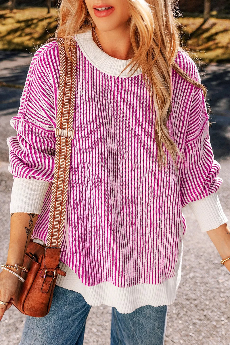 Striped Textured Knit Contrast Edge Relaxed Sweater