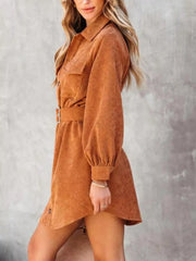 Button-Front Belt Long-Sleeve Corduroy Dress