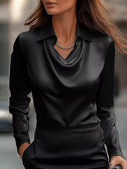 Satin Cowl Neck Long-Sleeve Blouse - Plus Size