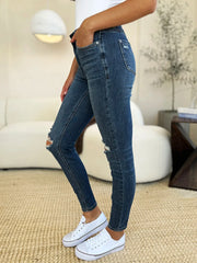 Judy Blue Mid Waist Distressed Slim Jeans - Plus Size