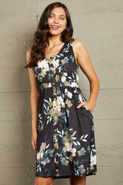 Double Take Printed Sleeveless Front Button Ruched Waist Side Slit Casual Magic Dress with Pockets