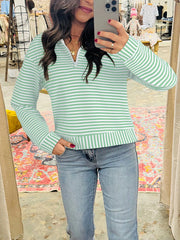 Stripe Quarter Zip Collar Long-Sleeve Top