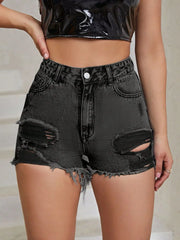 Distressed Raw Hem High-Rise Denim Shorts