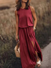 Round-Neck Sleeveless Slit Maxi Dress - Plus Size