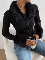 Faux Fur Trim Rib-Knit Cropped Cardigan