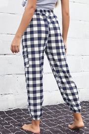 Plaid Elastic High-Waist Cargo Pants