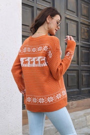 Reindeer & Snowflake Pattern Drop-Shoulder Pullover Sweater