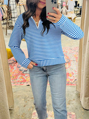 Stripe Quarter Zip Collar Long-Sleeve Top