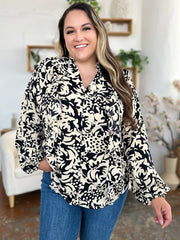 Printed Ruffle Trim Balloon Sleeve Shirt - Plus Size