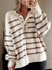 Stripe Ribbed Henley Drop-Shoulder Slouchy Sweater