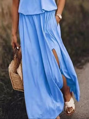 Round-Neck Sleeveless Slit Maxi Dress - Plus Size