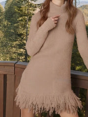 Fringe Turtleneck Long-Sleeve Sweater Dress