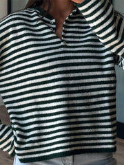 Button Detail Drop-Shoulder Striped Sweater