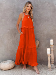 Ruffled Sleeveless Tiered Maxi Dress Pocketed