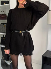 Distressed Round-Neck Drop-Shoulder Sweater Dress