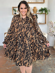 Double Take Full Size Printed Ruffle Hem Long Sleeve Dress Plus Size