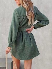 Button-Front Belt Long-Sleeve Corduroy Dress