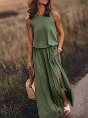 Round-Neck Sleeveless Slit Maxi Dress - Plus Size