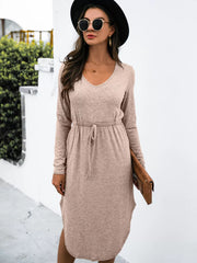 Drawstring Waist Long-Sleeve Dress