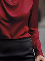 Satin Cowl Neck Long-Sleeve Blouse - Plus Size