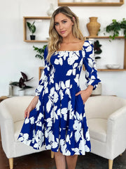 Floral Ruffle Hem Smocked Dress Pocketed - Plus Size