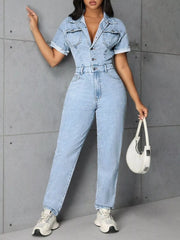 Button-Front Short-Sleeve Denim Jumpsuit