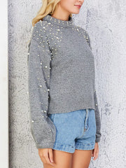 Pearl-Embellished Mock-Neck Sweater