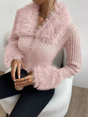 Faux Fur Trim Rib-Knit Cropped Cardigan