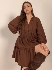 Tie Neck Balloon Sleeve Tiered Dress - Plus Size