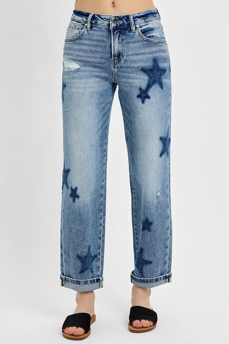 RISEN Full Size Mid Rise Boyfriend Star Shadow Detail Cuffed Jeans Plus Size