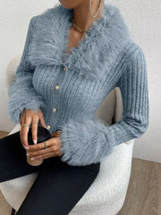 Faux Fur Trim Rib-Knit Cropped Cardigan