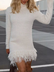 Fringe Turtleneck Long-Sleeve Sweater Dress